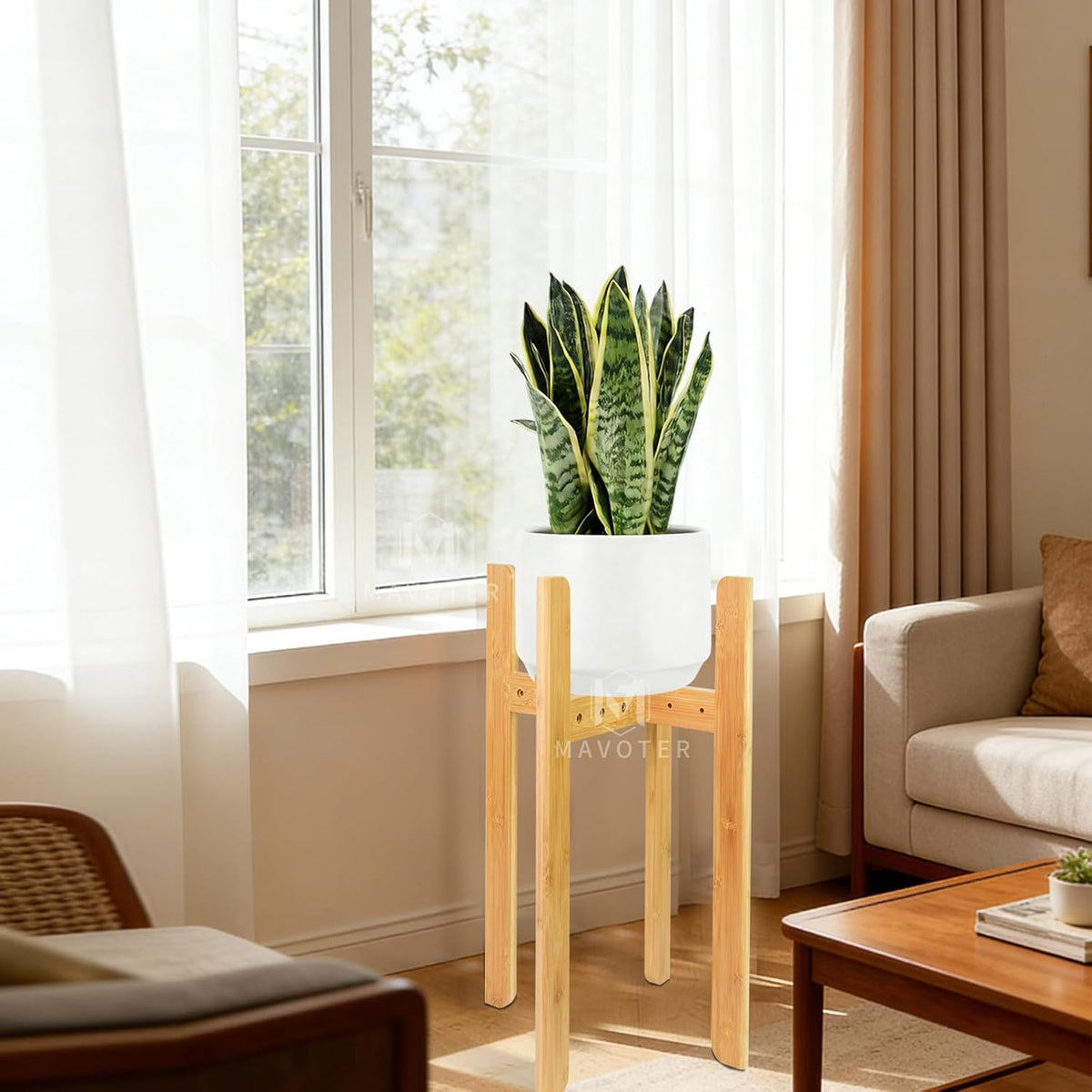 23.6" Tall Adjustable Plant Stand Indoor Flower Holder Fits 8-12 Inch Pots | Sturdy, Bamboo, Modern Mid Century