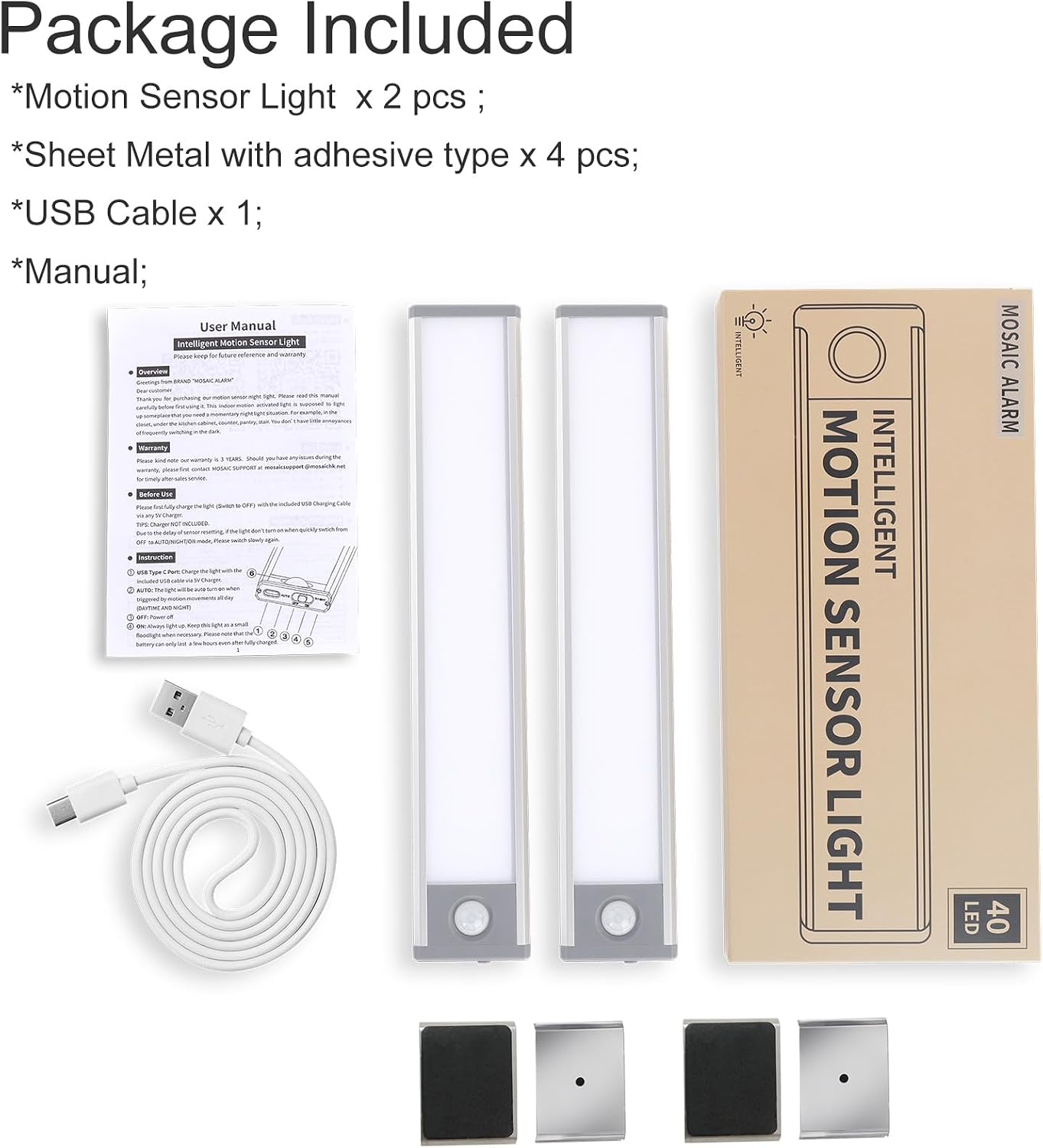Rechargeable 2 Pack Bright 40LED Motion Sensor Activated Night Light for Closet, Kitchen Counter, Battery Operated