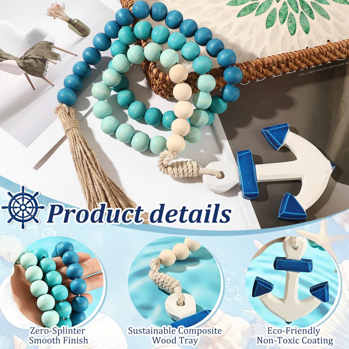 Ship Anchor Wood Bead Garland / Blue