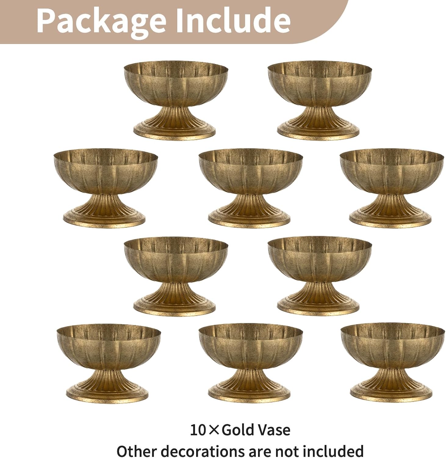 NUPTIO Gold Compote Vase for Centerpiece, 8.5" Wide Opening, 10 Pcs | Distressed Brass Urn, Short Pedestal Footed Bowl