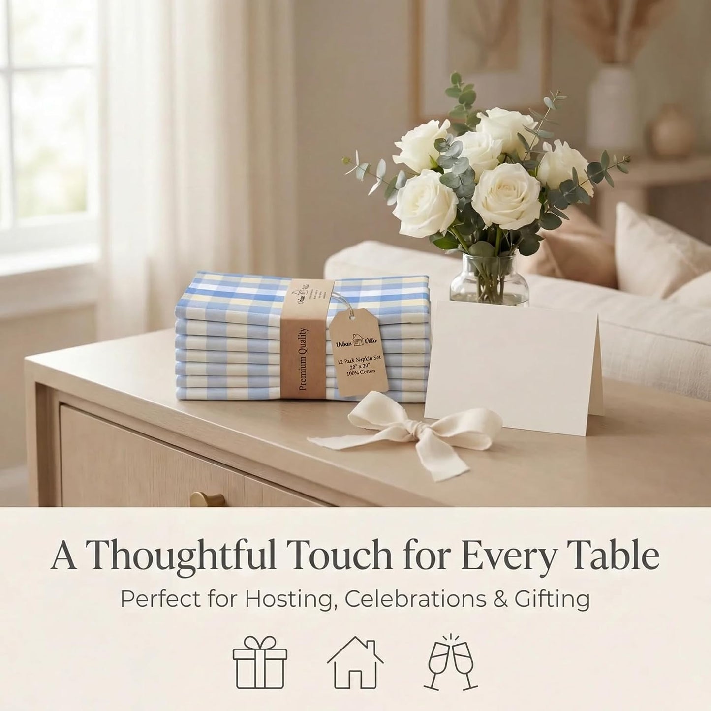 Urban Villa Cloth Napkins Cotton 20x20 (Set of 12) Blue Sand Checks