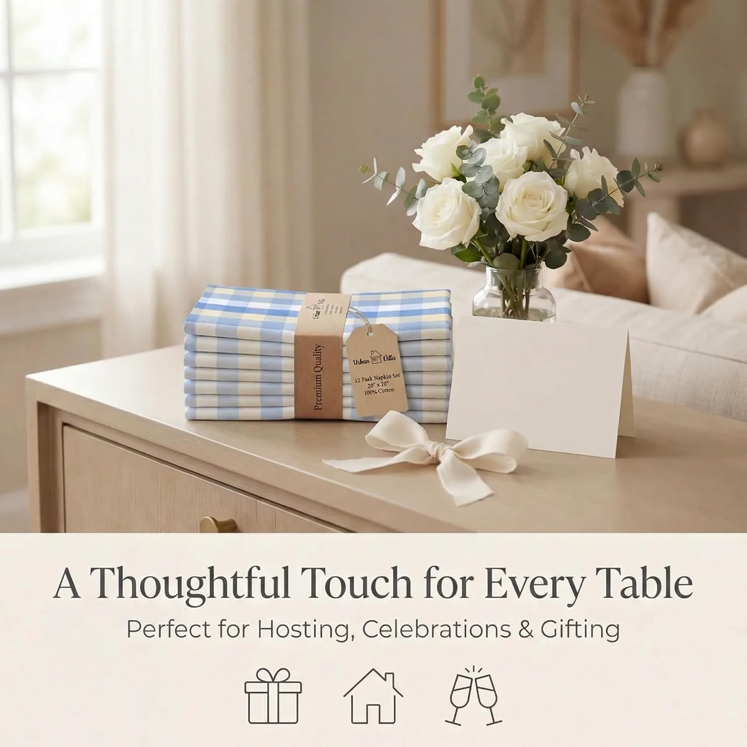 Urban Villa Cloth Napkins Cotton 20x20 (Set of 12) Blue Sand Checks