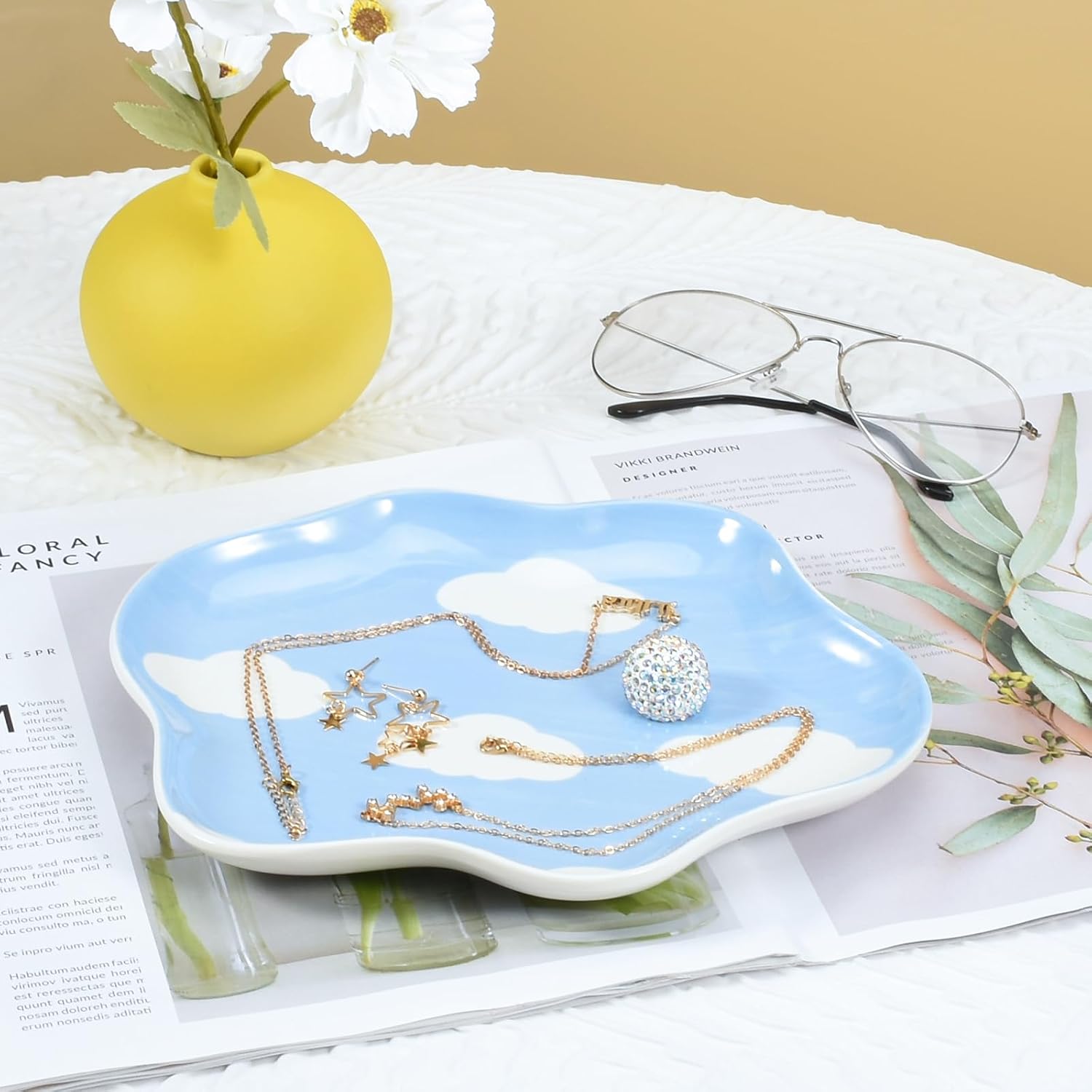 Ceramic Jewelry Dish Trinket Tray Organizer / Blue Sky and White Clouds