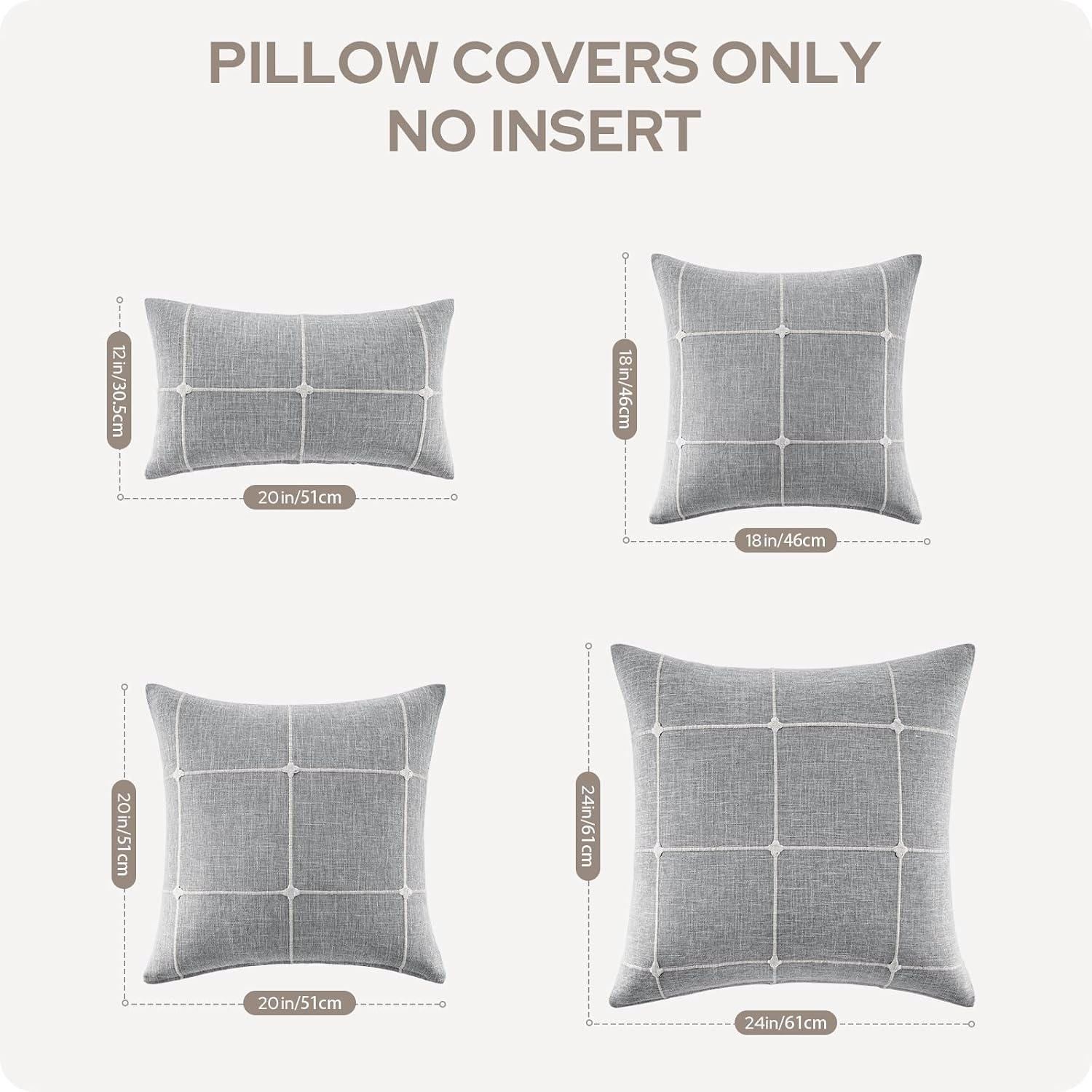 Grey Farmhouse Pillow Covers / Light Grey Plaid / 18 x 18 / Set of 2