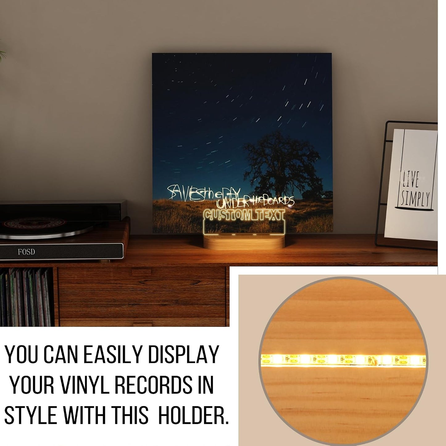 YuanDian Light up Personalised Vinyl Record Stand, Now Playing Customize Record Stand, Wooden Acrylic Holder for Vinyl