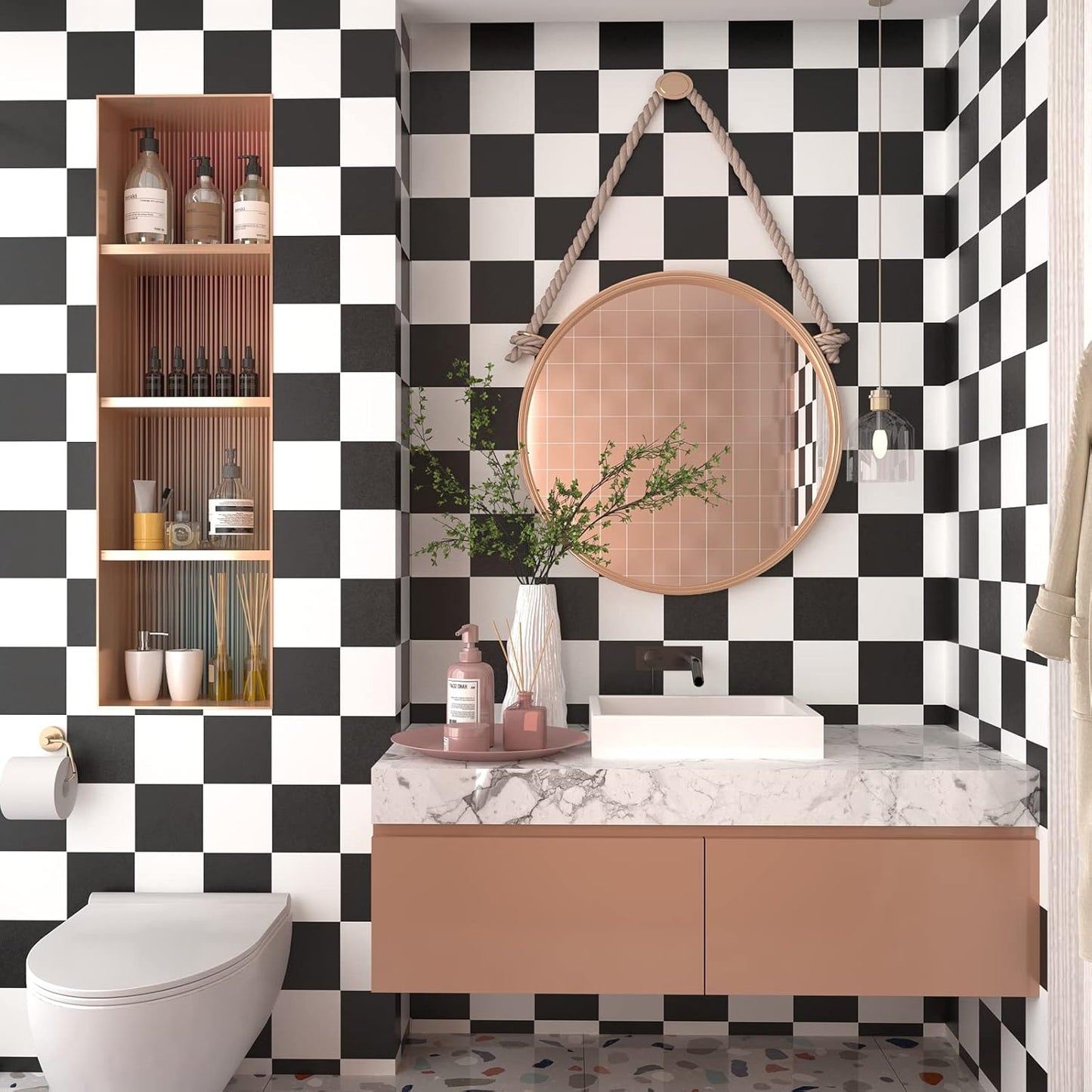 Thick Checkered Wallpaper 32''x118'' and White Peel and Stick Wallpaper Checkered / 32 x 118 / Black