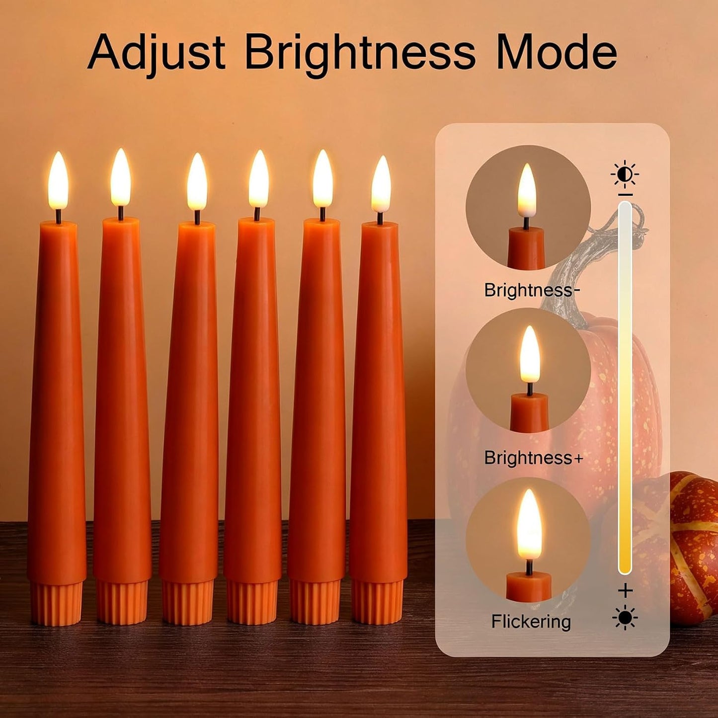 Short Burnt Orange Fall LED Taper Candles with Remote Set of 6 | Flickering Halloween LED Candlesticks, Real Wax