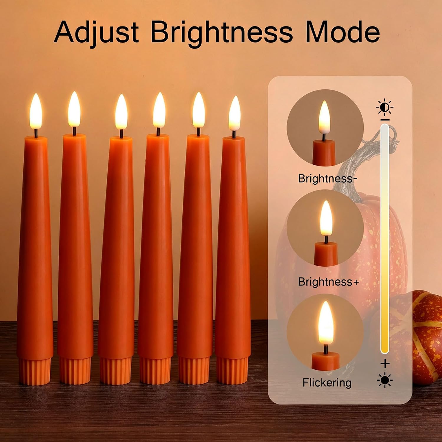 Short Burnt Orange Fall LED Taper Candles with Remote Set of 6 | Flickering Halloween LED Candlesticks, Real Wax