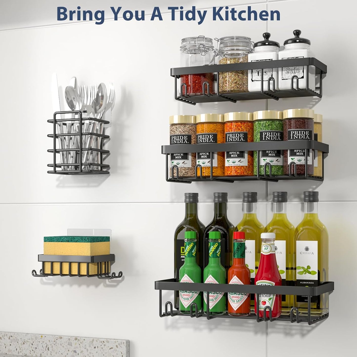 Adhesive Bathroom Wall Storage Basket Rustproof / Black / Set of 5