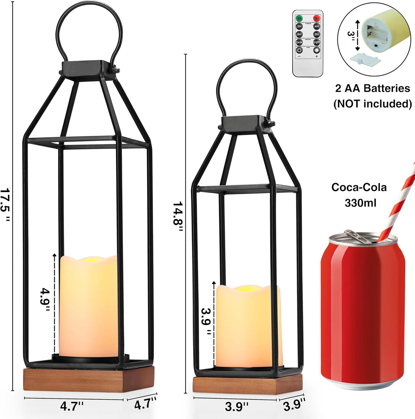 Perfnique Metal Lanterns w/ Pine Wood, Set of 2 Farmhouse Lantern Decorative w/ Waterproof Flameless Candle & Remote