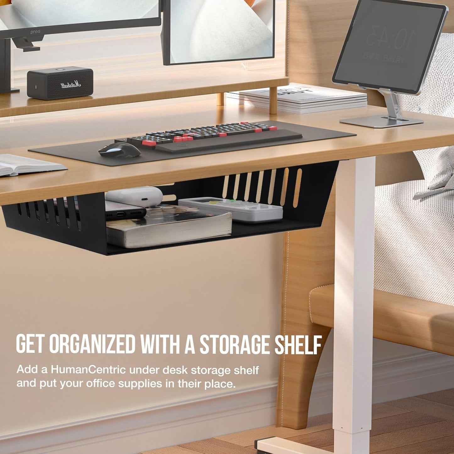 2 Pack Under Desk Shelf-Metal -Black Under Shelf Storage for Office Tables & Workstations（13Inch）
