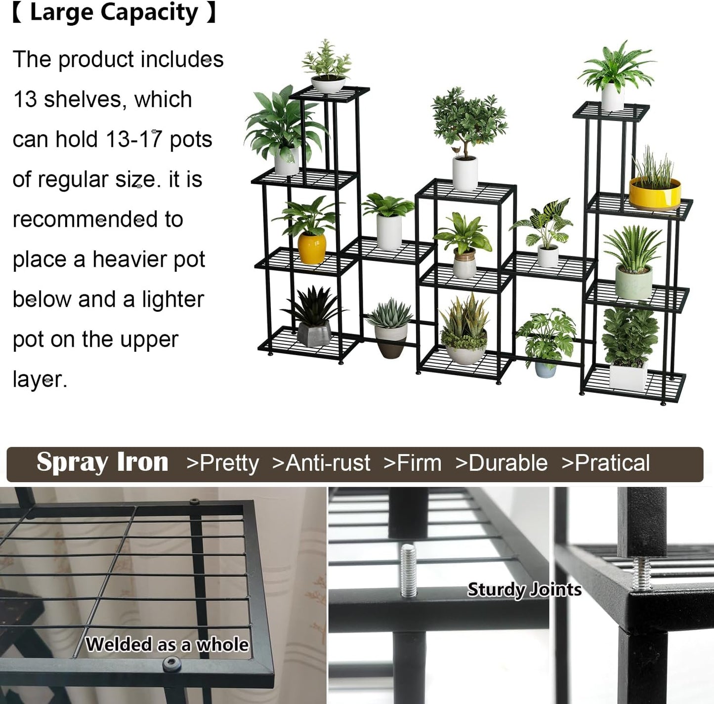 Twhep Tall Multi Tier Plant Stand, 13 Tiers Multifunctional Plant Stands for Indoor Plants, Decorative Black Steel
