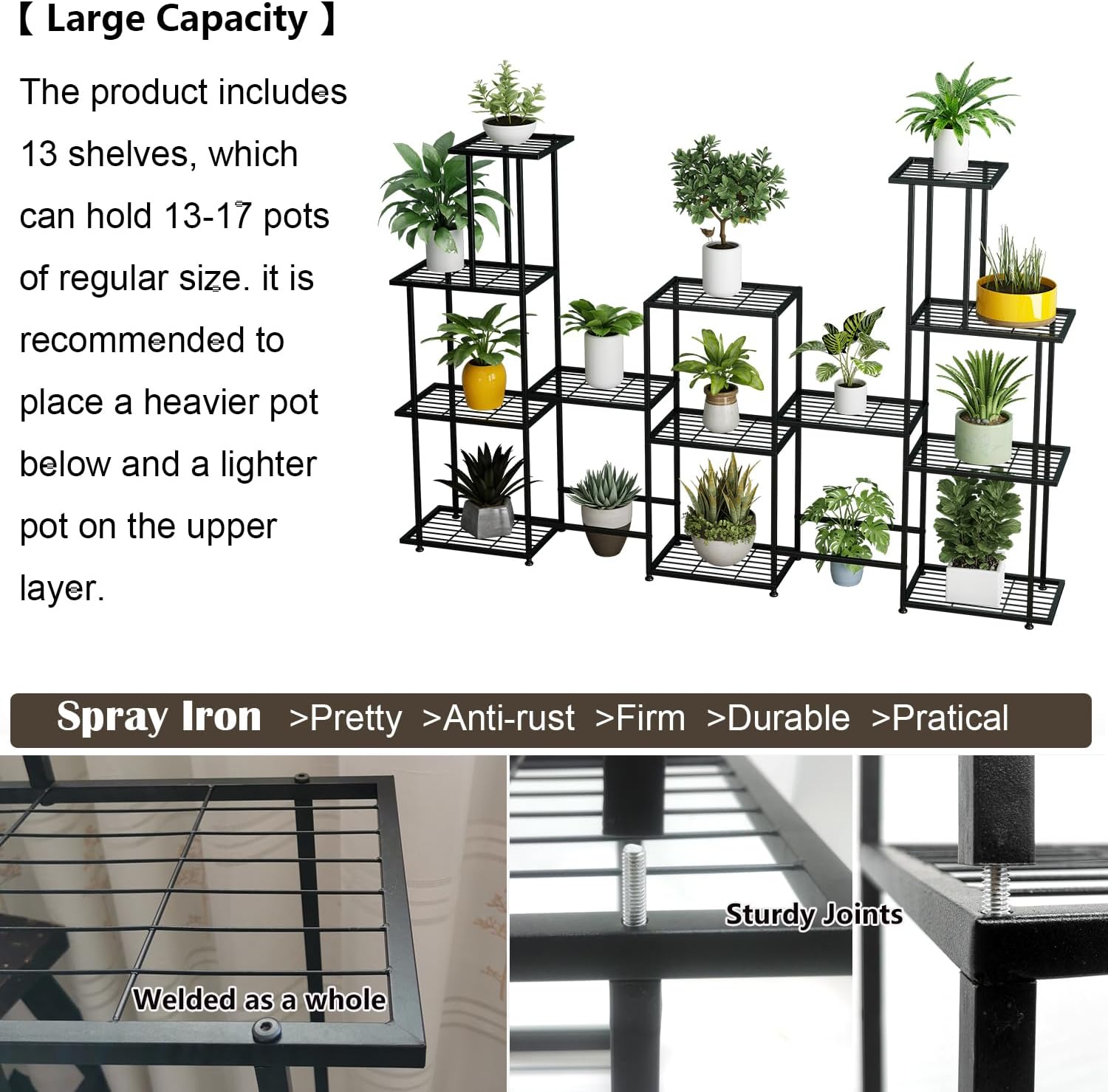 Twhep Tall Multi Tier Plant Stand, 13 Tiers Multifunctional Plant Stands for Indoor Plants, Decorative Black Steel