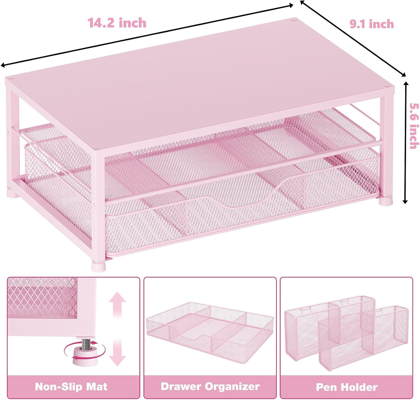 Desk Organizer and Accessories, 2-Tier Computer Monitor Stand Riser with Drawer and 2 Pen Holders, Laptop Stand, Office