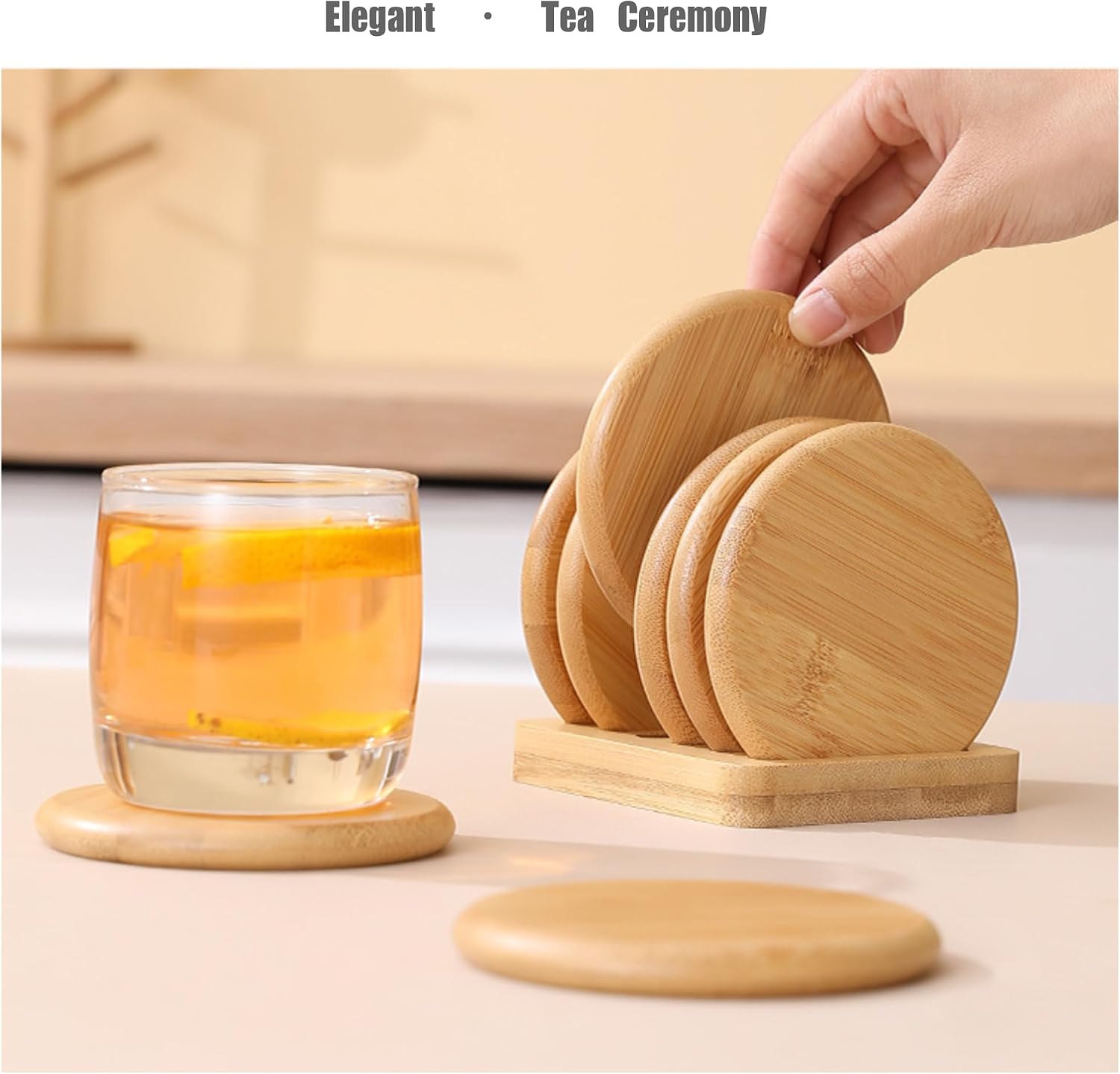 Coaster Set Holder Included / Round / Natural / Set of 6