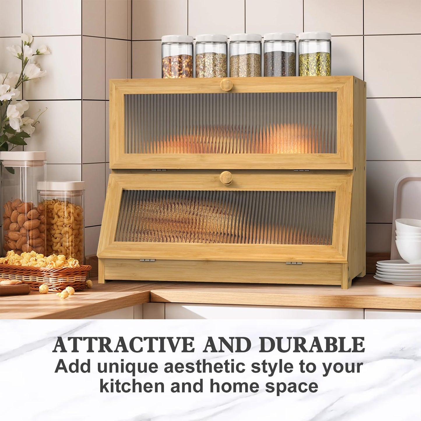 LOHASOK Bread Box for Kitchen Countertop, Wood Color | 2-layer, Bamboo, Large, Farmhouse Bread Container Holder