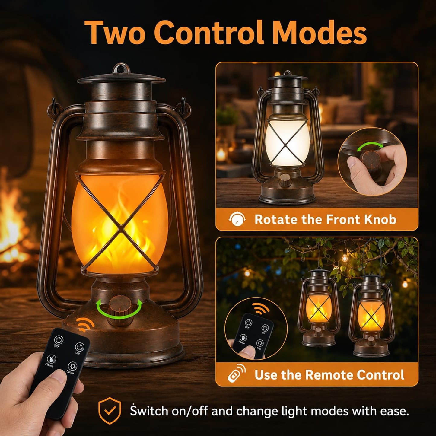 Outdoor Lanterns Waterproof Hanging Vintage LED Camping Lamps with Dancing Flame Non-Solar Remote Control Light