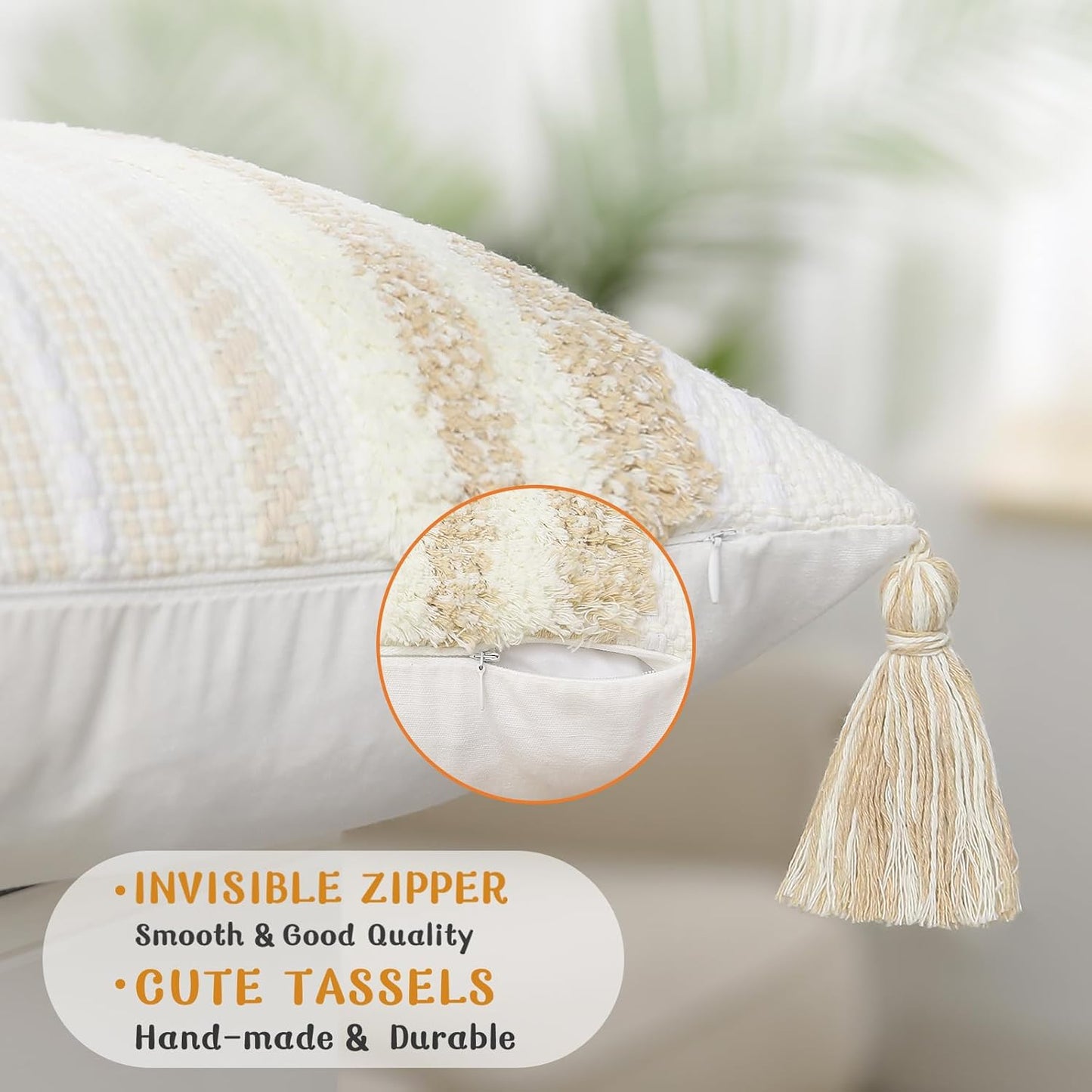 Summer Decorative Boho Throw Pillow Covers / 18 x 18 / Khaki and Cream White / Set of 2