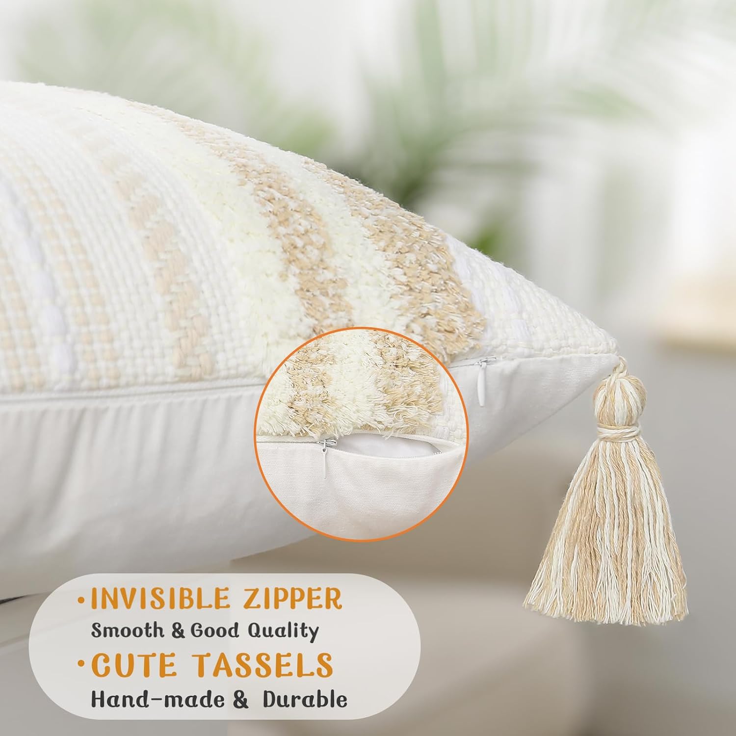 Summer Decorative Boho Throw Pillow Covers / 18 x 18 / Khaki and Cream White / Set of 2