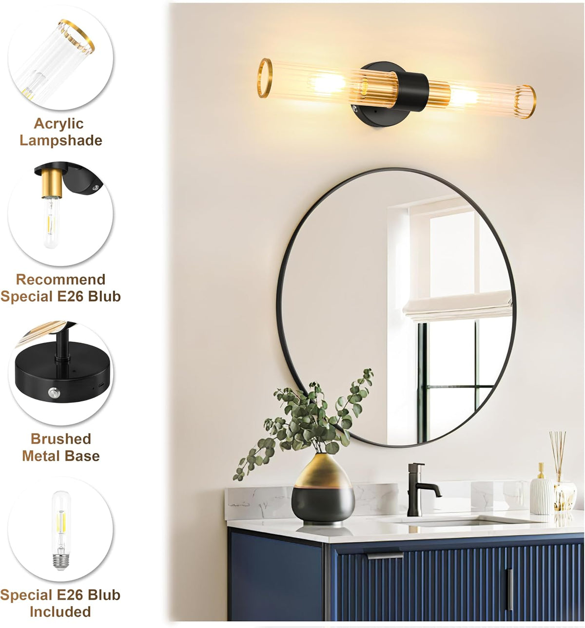 Morauroral Black Gold Battery Operated Wall Sconce, Rechargeable Wall Lights with Remote, 20 Inch Modern Wireless Wall