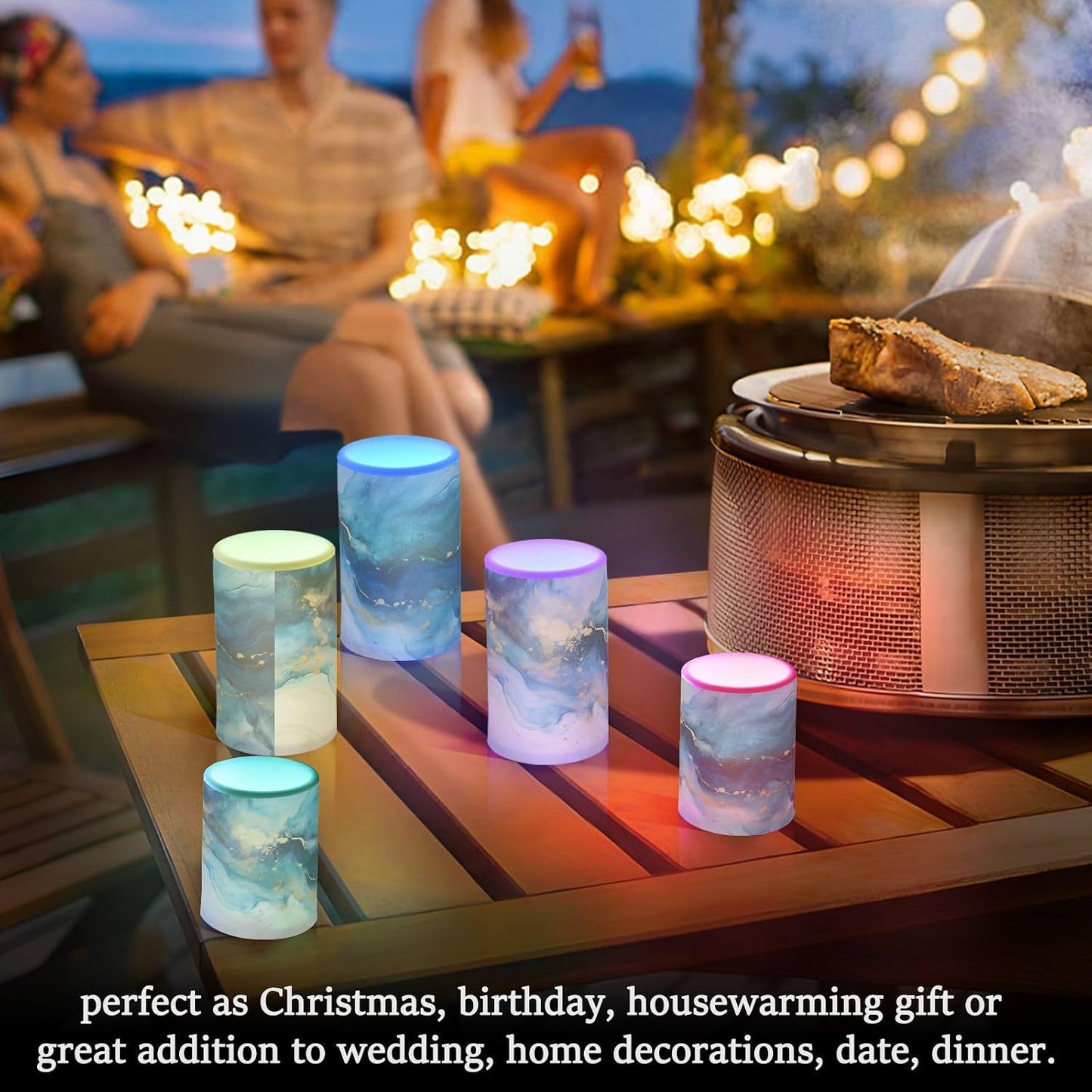 Flickering Flameless Candles, Marble Navy Blue LED Candles with Remote Timer, Set of 2 Battery Operated Candle for