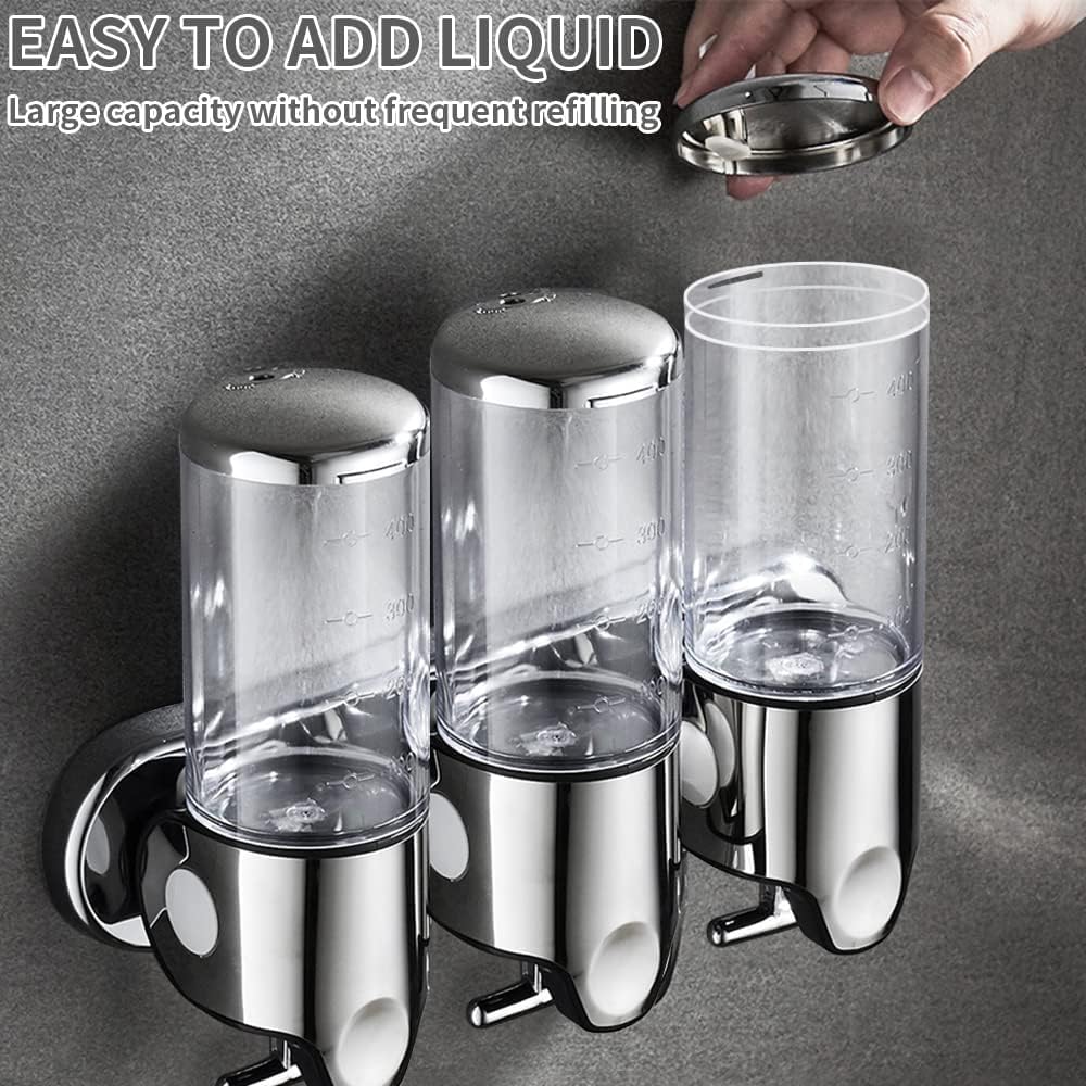Stainless Steel Drill Free Triple Wall Mount Soap Dispenser Set Shower Bathroom Pump, 3 x 500ML Shampoo Conditioner