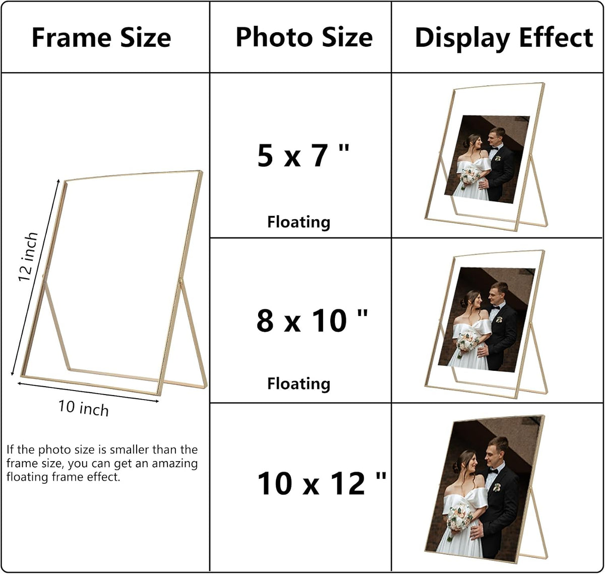 Gold 10x12'' Floating Frame 2pack For Photo Sizes(8.5x11'',8x10'',7x9''),Beautiful Metal Beaded Edge 8x10'' floating