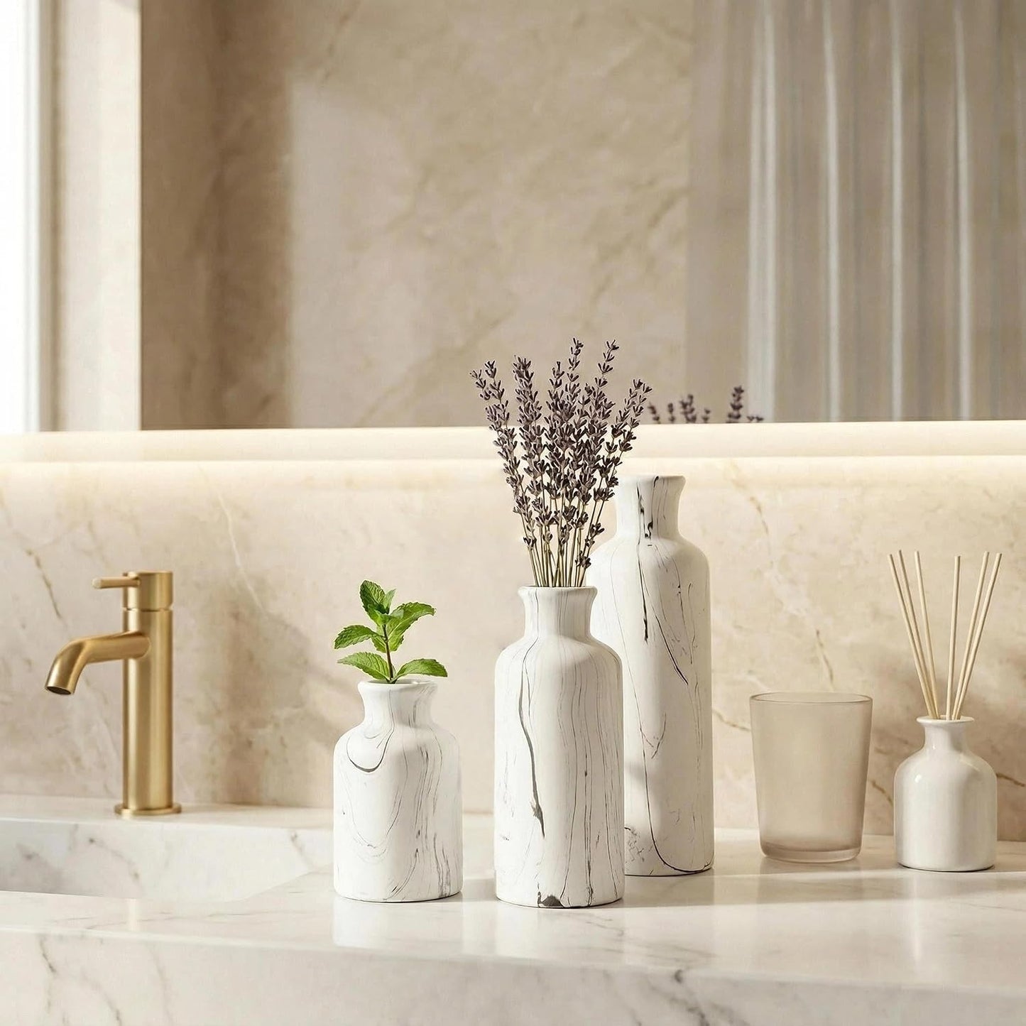 Modern Ceramic Flower Vase / 104-white Gray Marble / Set of 3