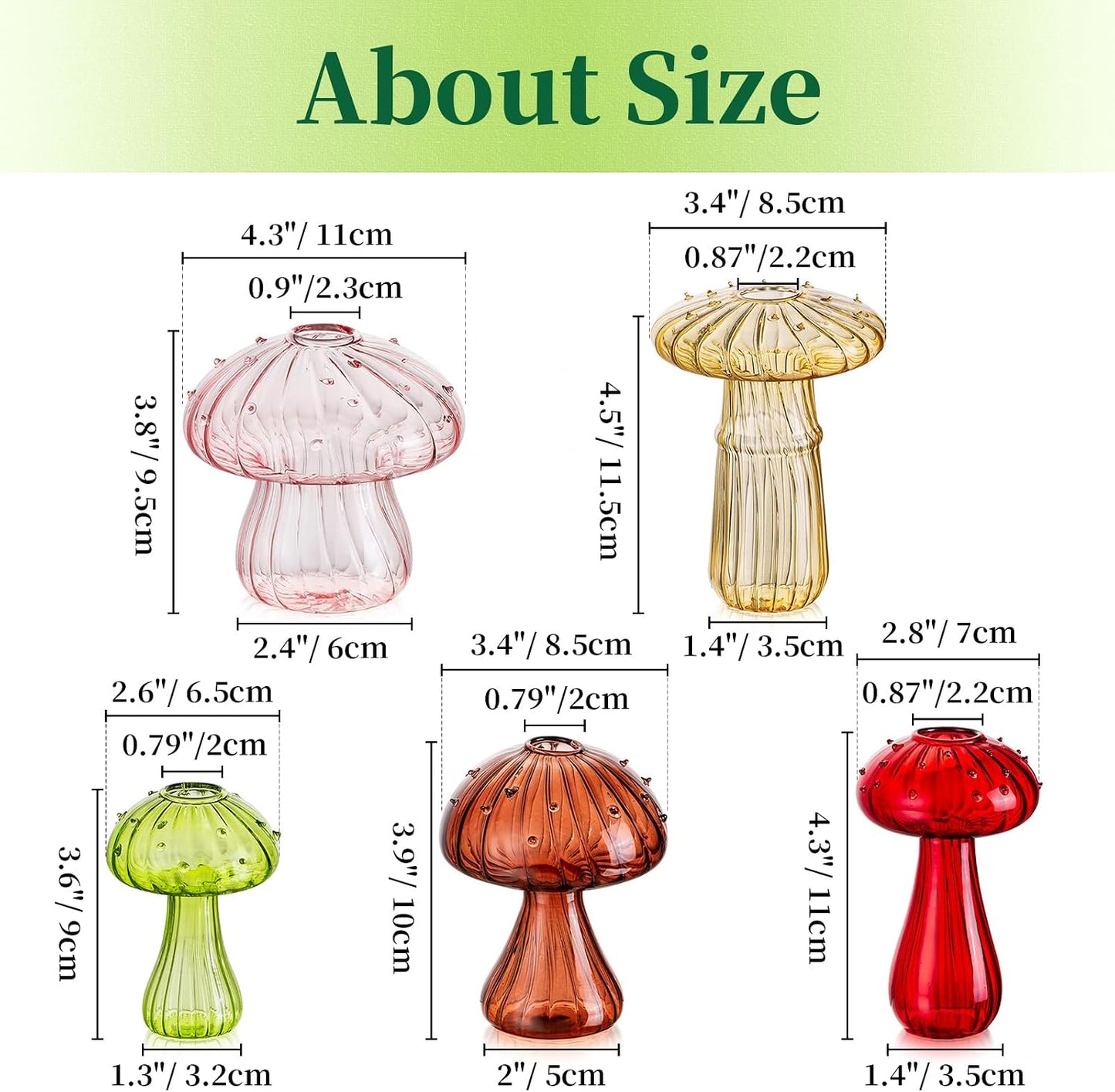 Glass Mushroom Vase for Flowers / Colored / Set of 5