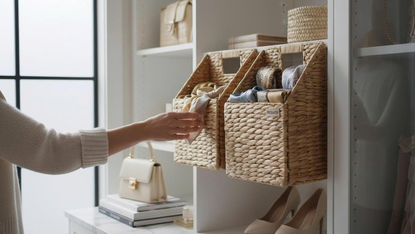 Wicker Hanging Storage Basket / Water Hyacinth - Natural / 5 Inch / Set of 2