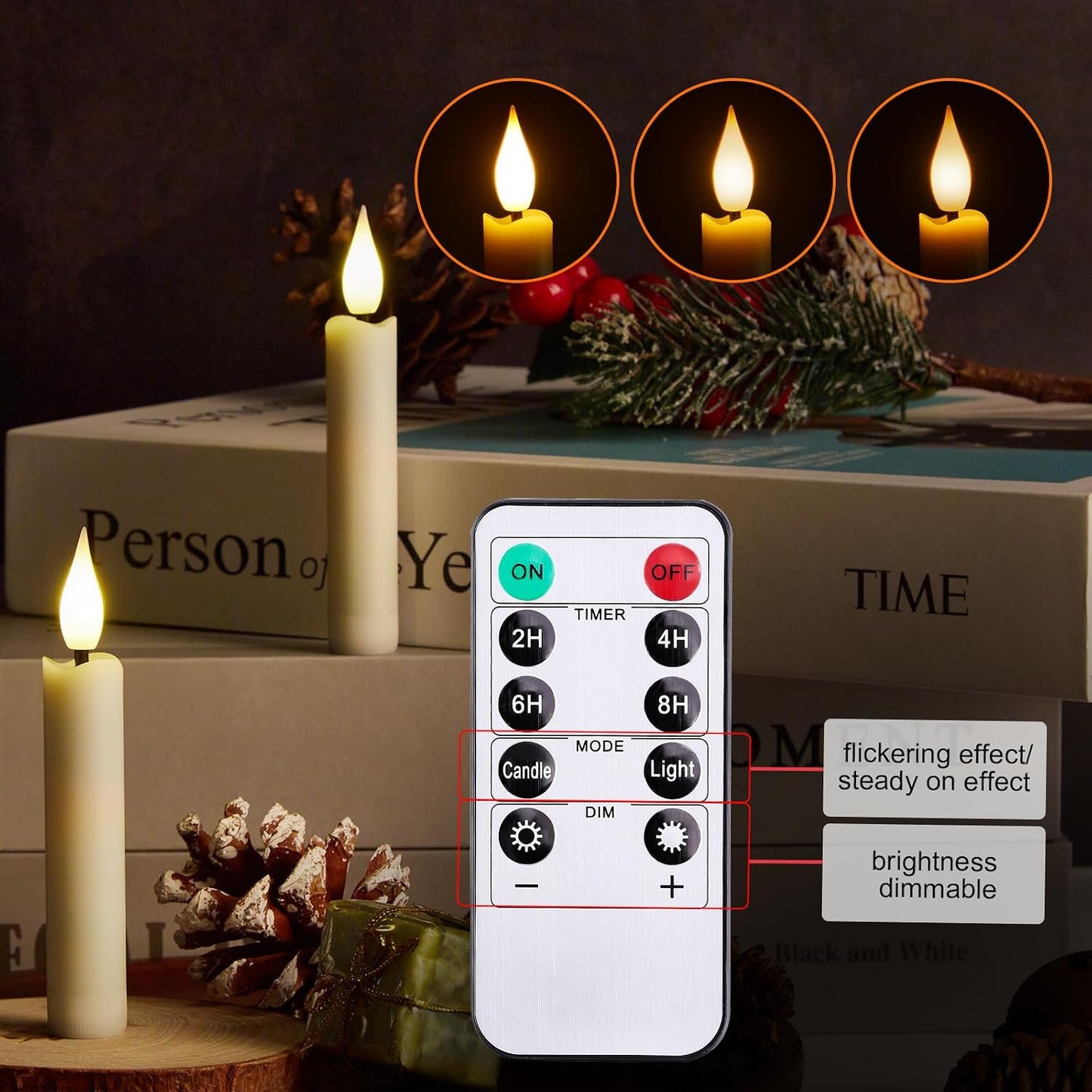 IMAGE 12Pcs LED Taper Candles Light Set Flameless 3D Wick Ivory Candles with Clip-on Christmas Tree Design, 10-Key