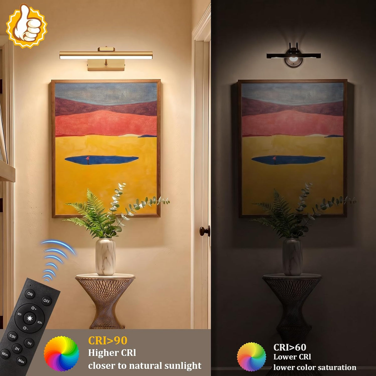 13.8" Cordless Picture Light for wall, Gold, 2 Pack | 4000mAh Rechargeable art lights, RF Remote, Magnetic Detachable
