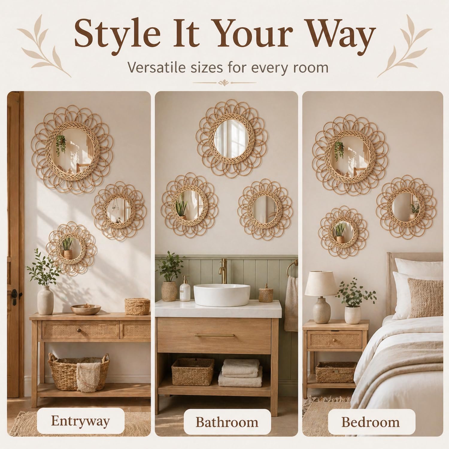 Boho Rattan Mirror Wall Hanging Decor / Set of 3
