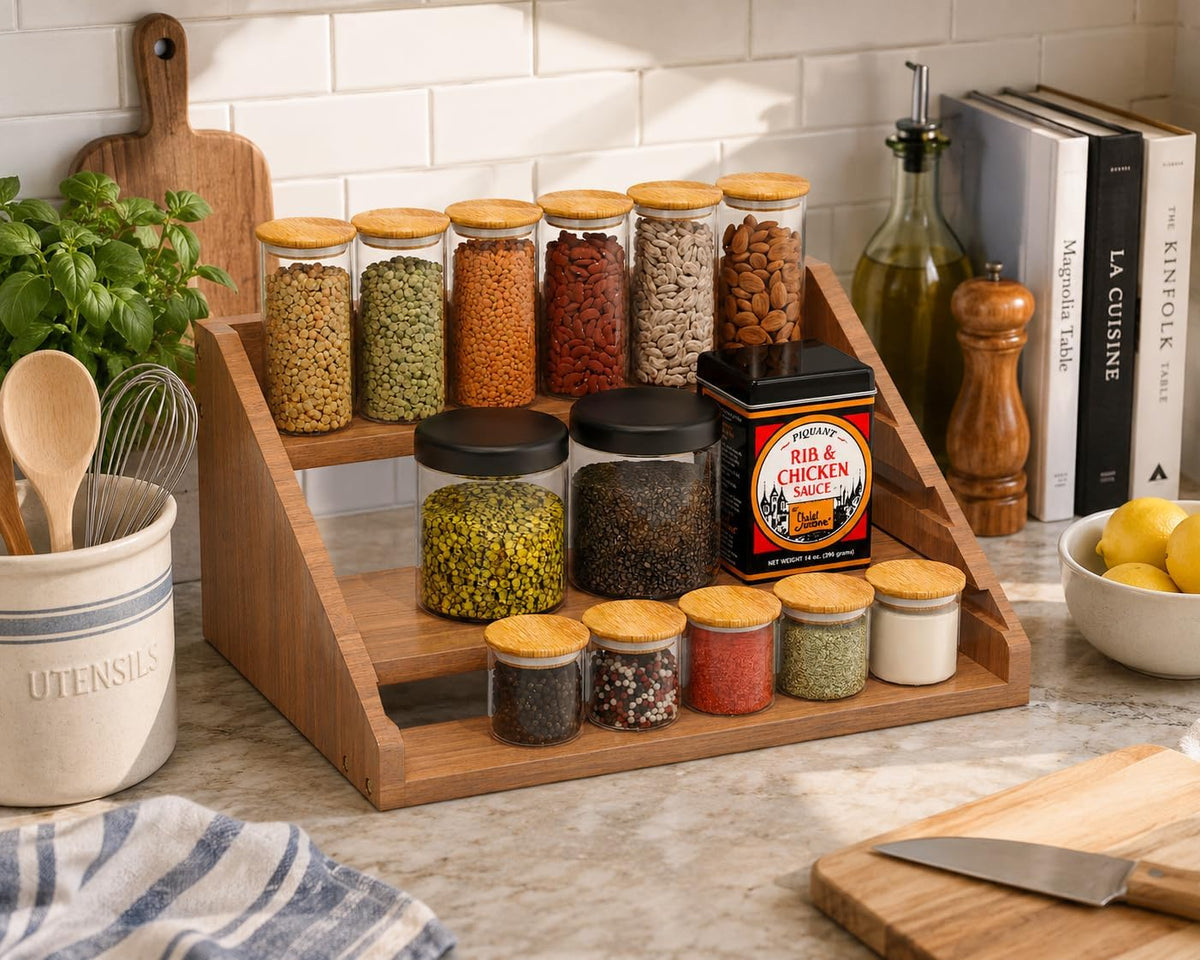 Solid Wood Spice Rack Organizer for Countertop & Cabinet, 4 Tier Adjustable Wooden Spice Shelf with Sliding Track