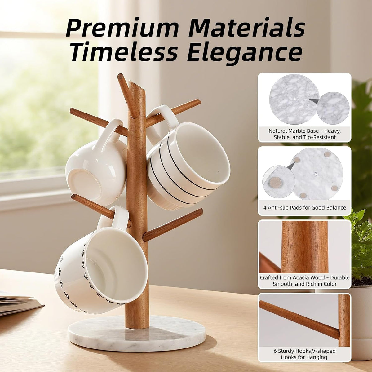 Acacia Wood Mug Tree, Marble Base | Coffee Mug Tree for Counter, Mug Holder Tree with 6 Hooks for Kitchen Coffee Bar