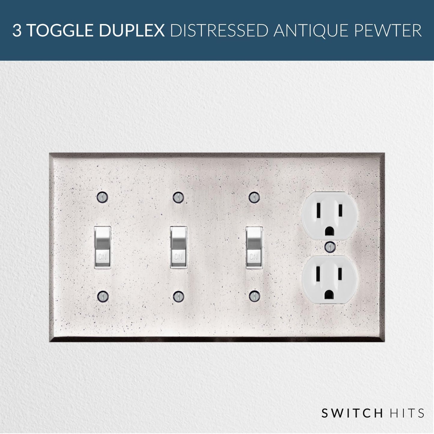 Distressed Antique Pewter Outlet Wall Plate | 3 Toggle - 1 Duplex | 8.25" x 4.5" | Hand-Polished Brass Construction