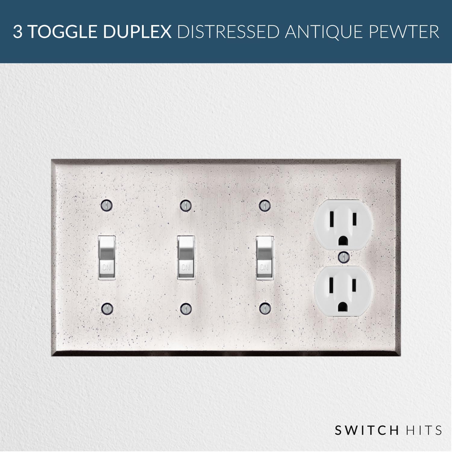 Distressed Antique Pewter Outlet Wall Plate | 3 Toggle - 1 Duplex | 8.25" x 4.5" | Hand-Polished Brass Construction