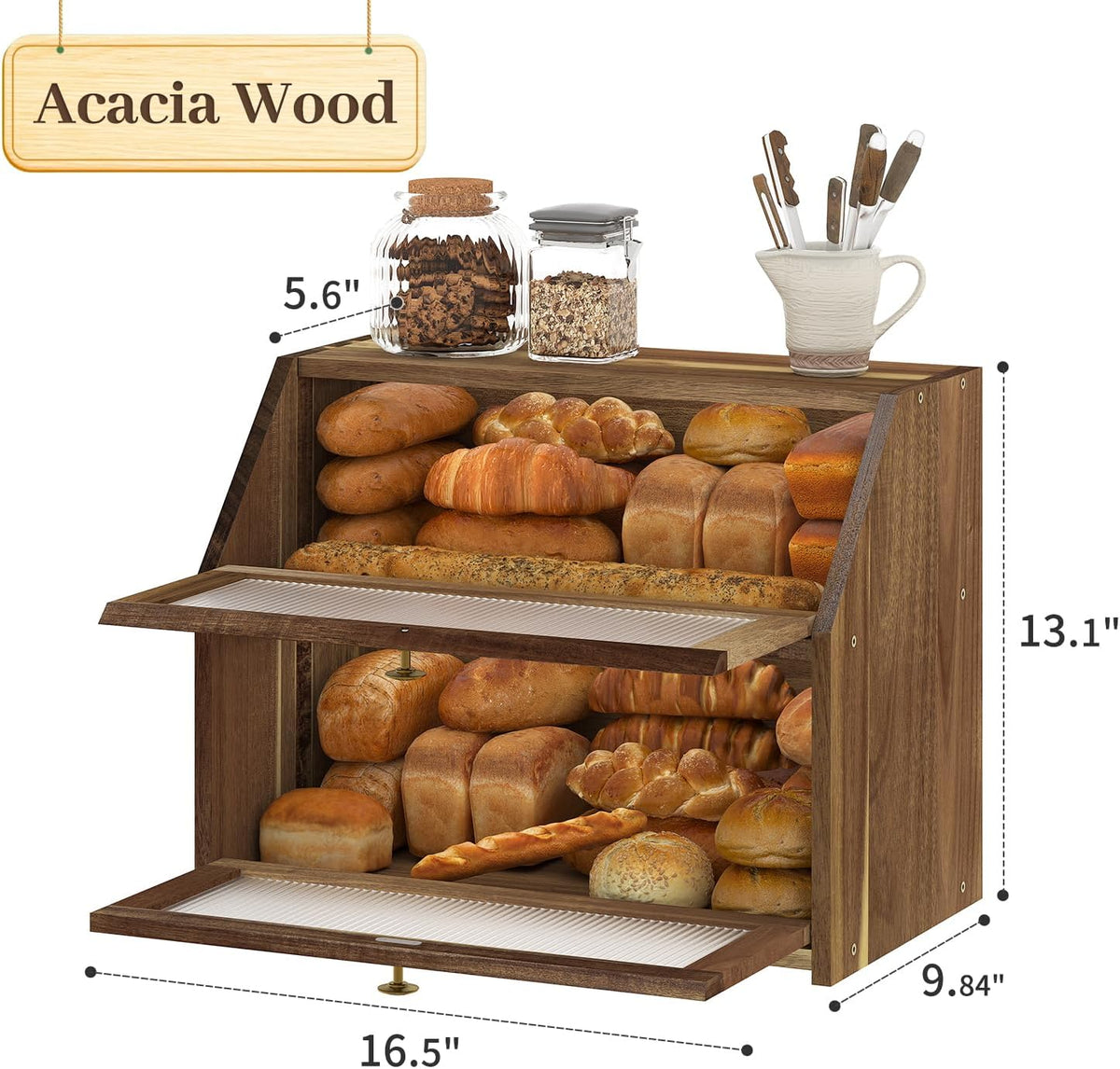 Kitsanery Bread Box for Kitchen Countertop, Acacia Wood Bread Storage Container, 2 Layer Large bread holder, Pantry