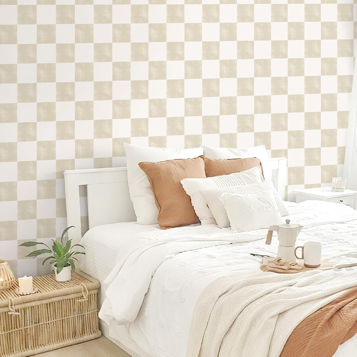 Neutral Beige Checkered Peel and Stick Wallpaper Cream Checkerboard / 17.7 x 118 / Cream Beige