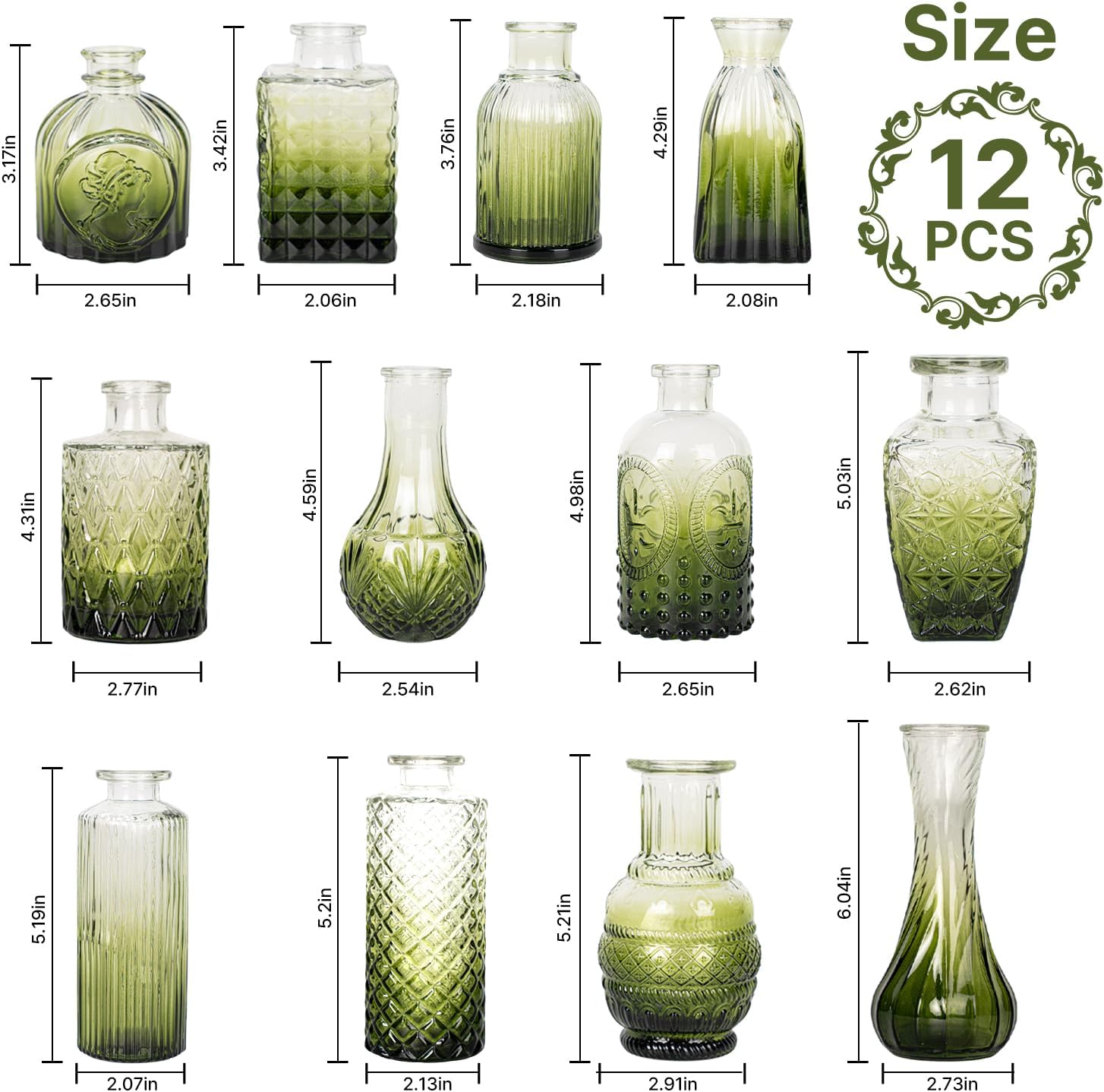 Clear Glass Bud Vase Pcs / Gradient Green / Set of 12