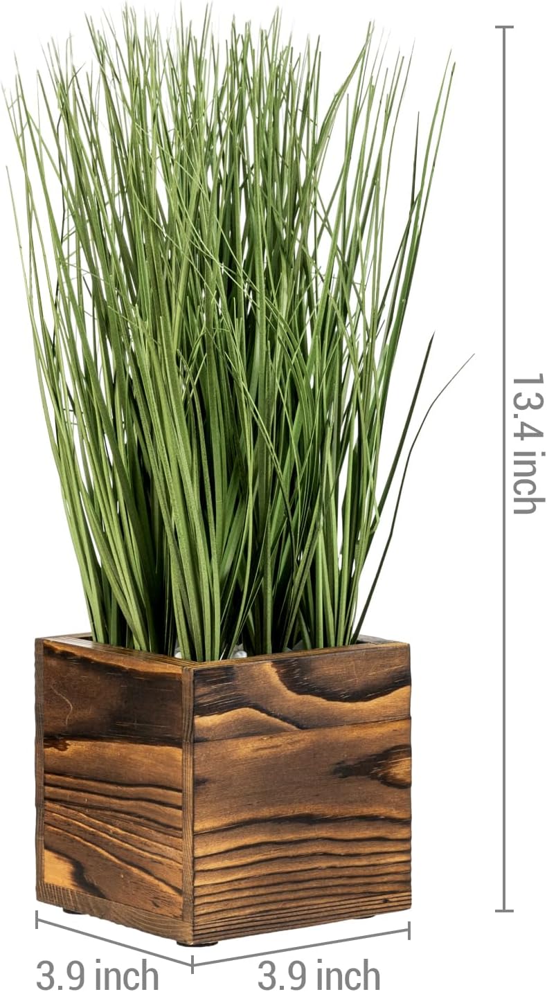 Artificial Grass Plants Trio in Rustic Burnt Solid Wood Planter Boxes / Burnt Wood / Green / 4 Inch