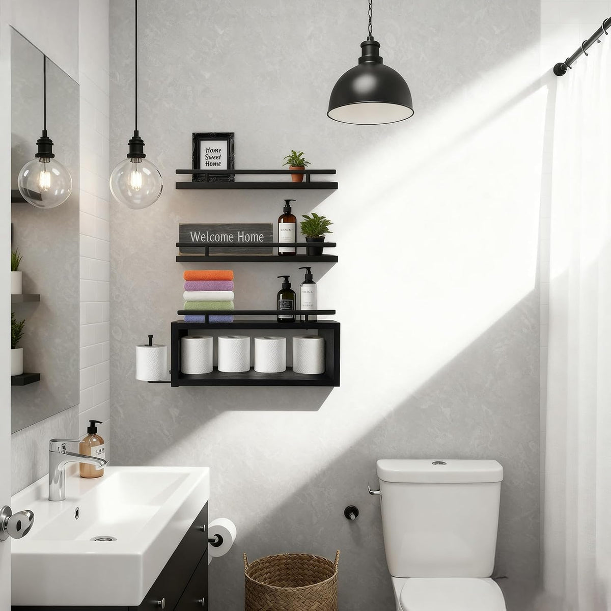 Wooden Floating Shelves with Paper Towel Holder for Bathroom Wall Storage | Bathroom Wall Shelf with Metal Rail, Wall