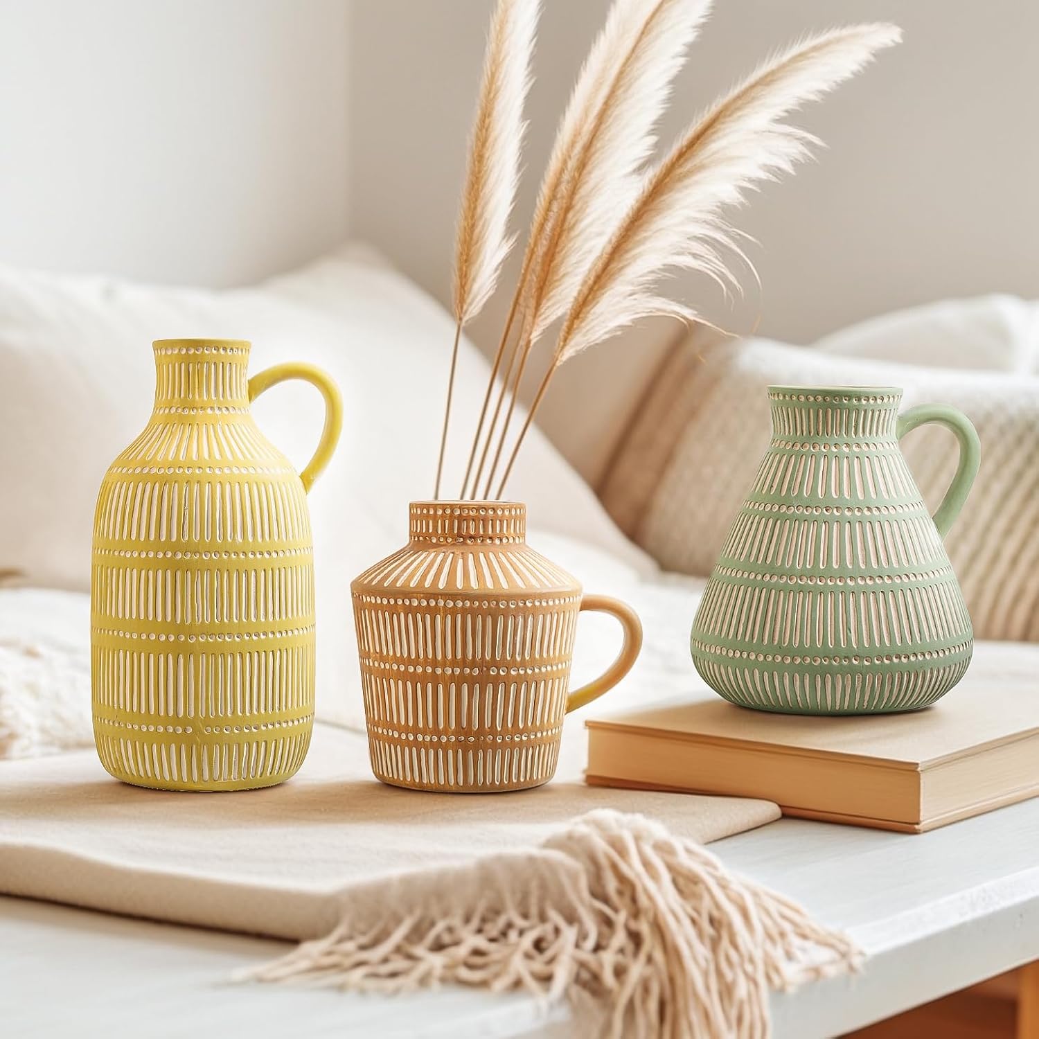 Boho Ceramic Vase / Multicolor / Yellow / Set of 3