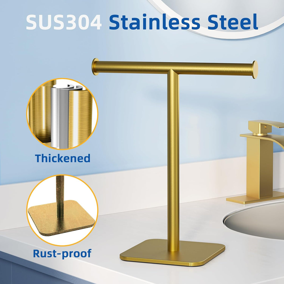 RUACQ T-Shape Hand Towel Holder Stand, 12inch, Brushed Gold | Weighted Base Towel Rack, Countertop Towel Holder for