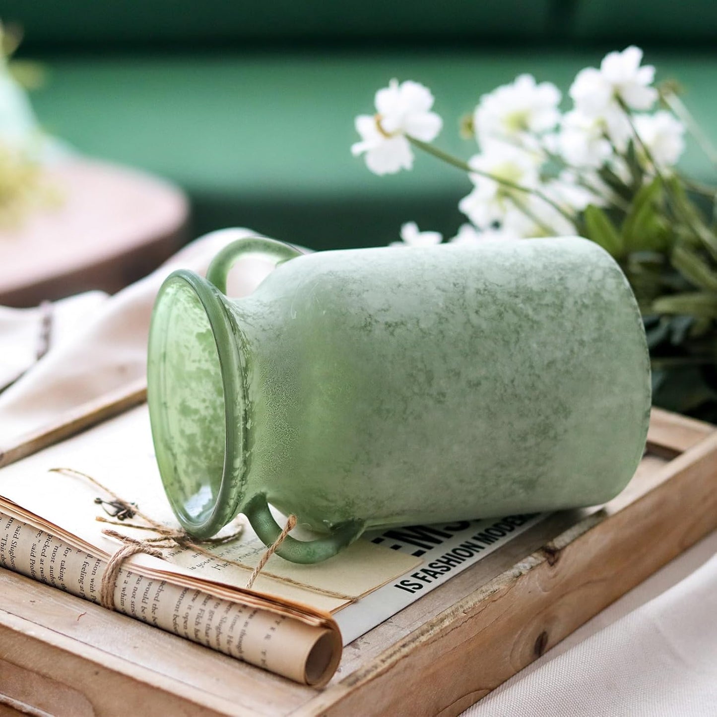 Glass Flower Vase / White Green / 8 Inch