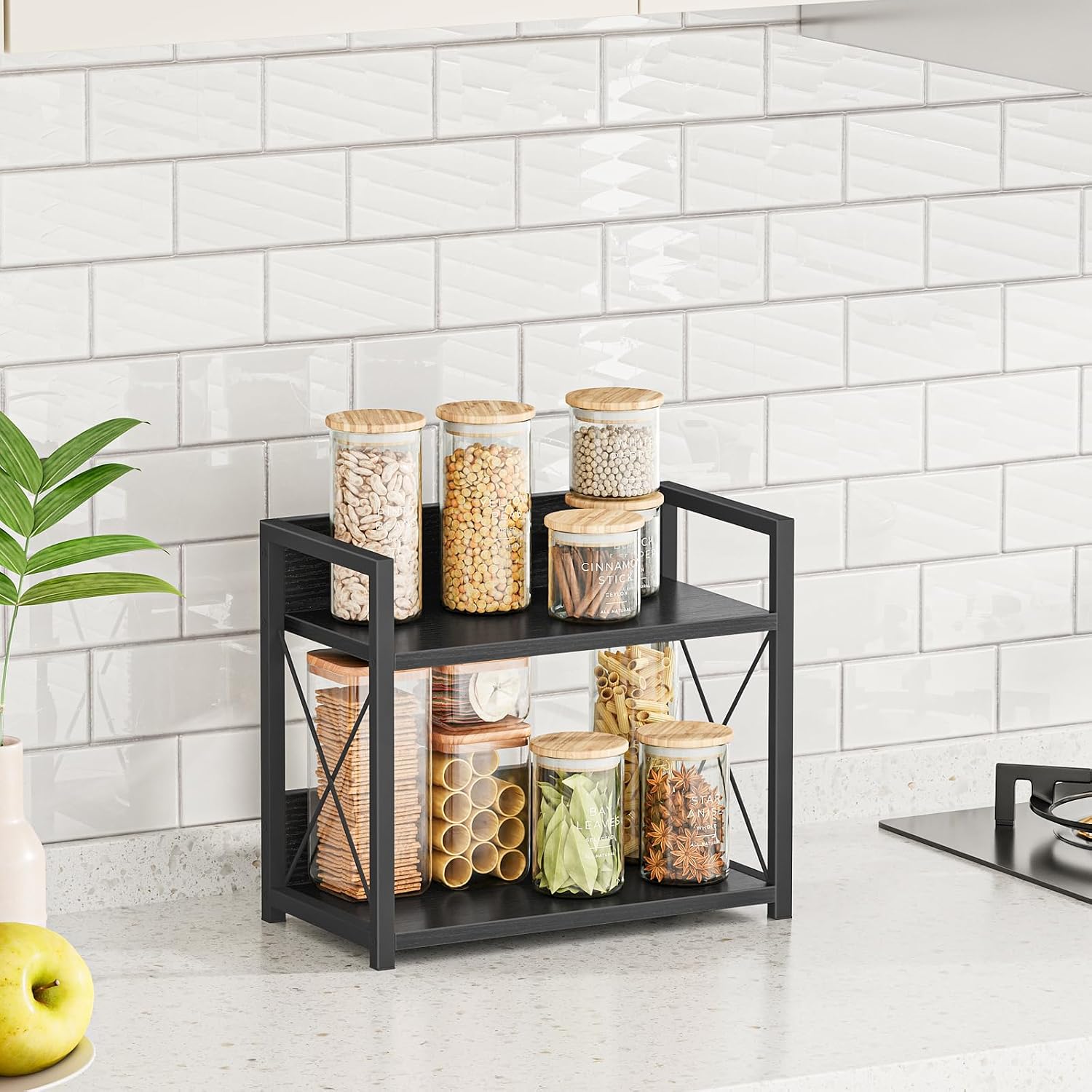 Giikin Kitchen Counter Shelf, 2 Tier Kitchen Spice Rack Organizer for Countertop, Wood Coffee Bar Organizer for Home