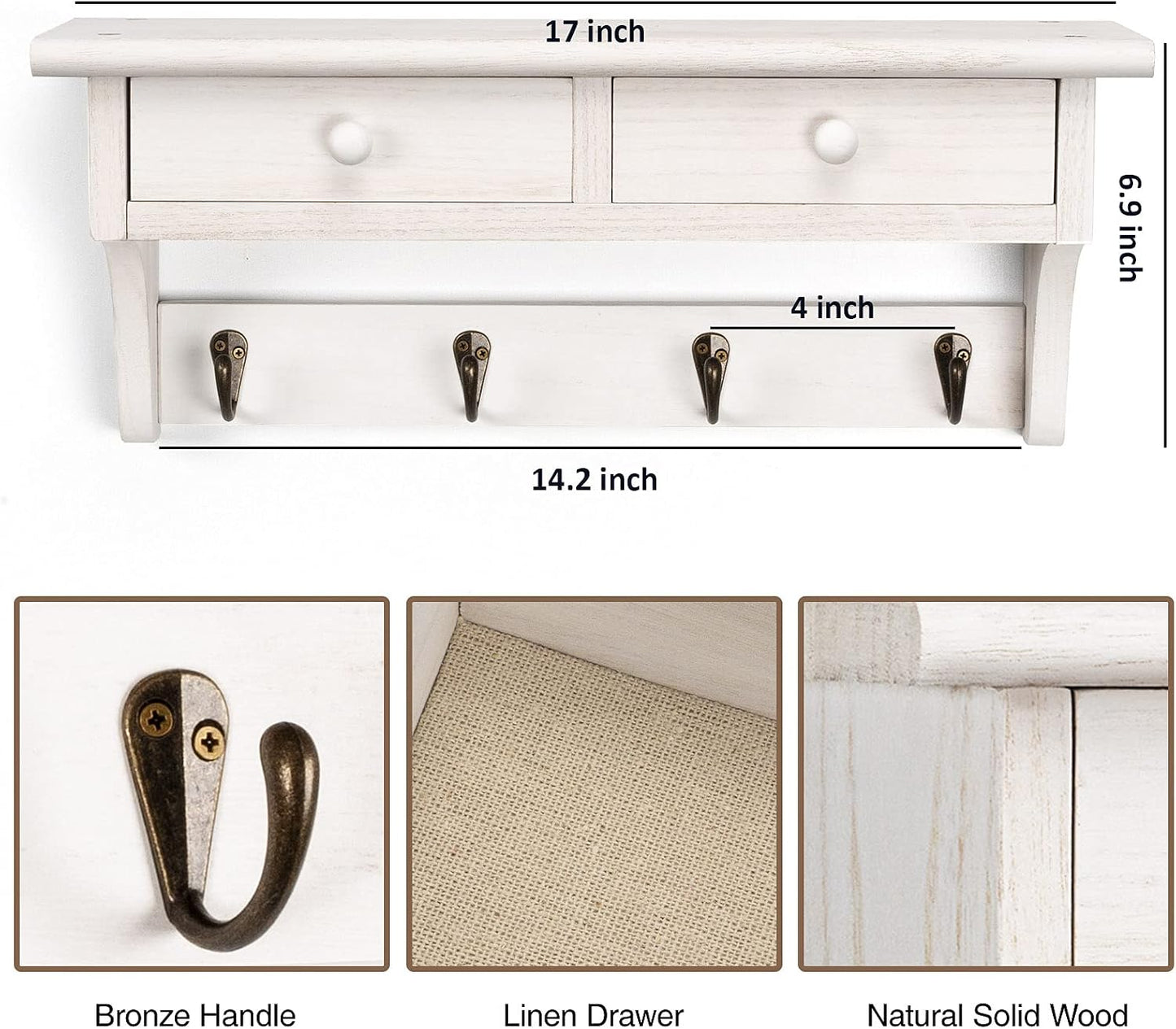 Emfogo Coat Hooks Wall Mounted, Rustic Wood Coat Rack Wall Mount Shelf with Hooks, Farmhouse Wall Coat Rack with Shelf