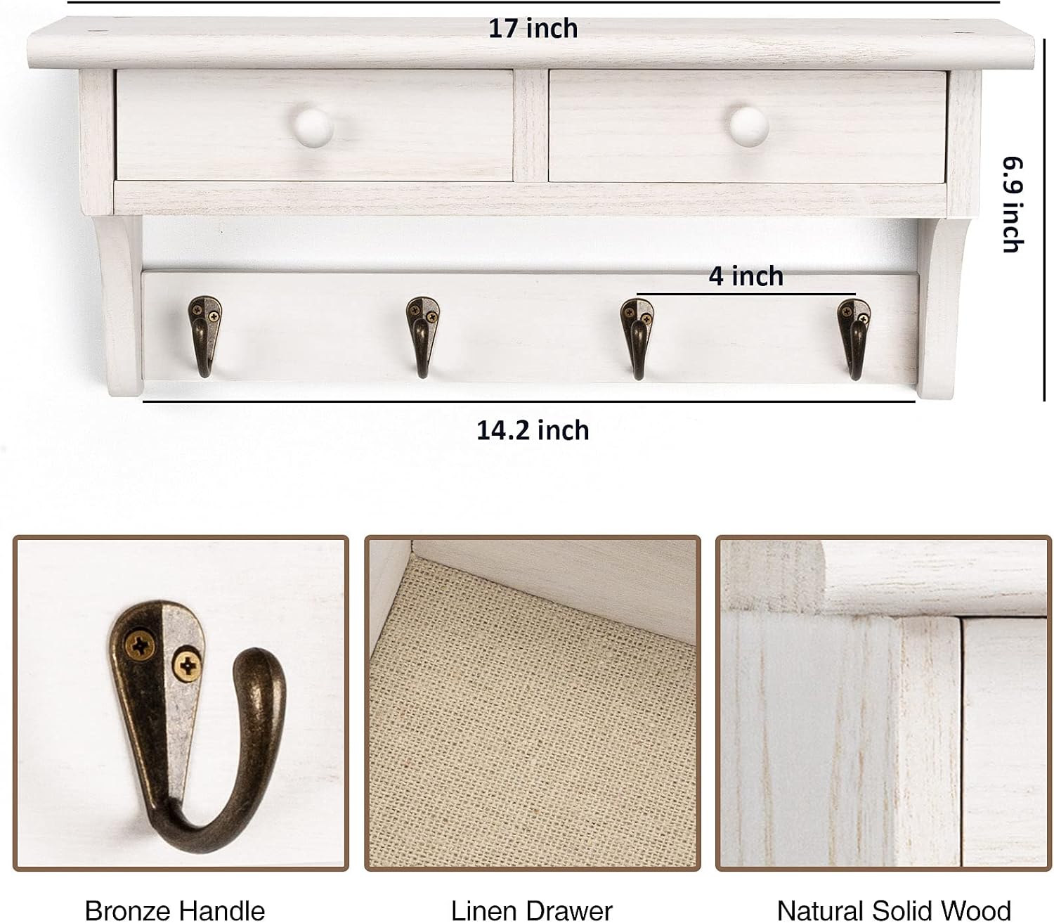 Emfogo Coat Hooks Wall Mounted, Rustic Wood Coat Rack Wall Mount Shelf with Hooks, Farmhouse Wall Coat Rack with Shelf