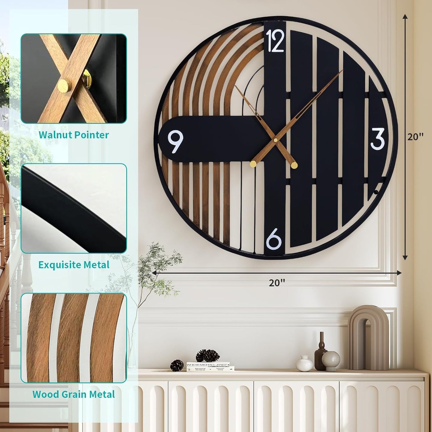 20 Inch Round Wall Clock Wood Silent Non-Ticking Battery Operated | Rustic Farmhouse Decorative Clocks for Home Decor