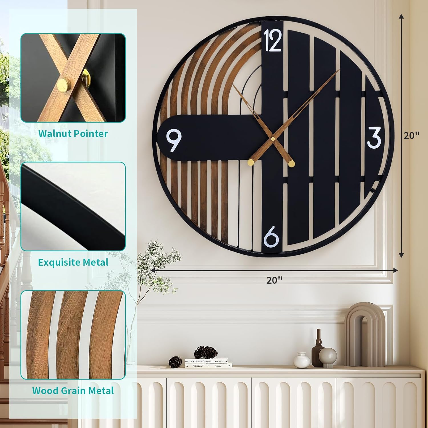 20 Inch Round Wall Clock Wood Silent Non-Ticking Battery Operated | Rustic Farmhouse Decorative Clocks for Home Decor